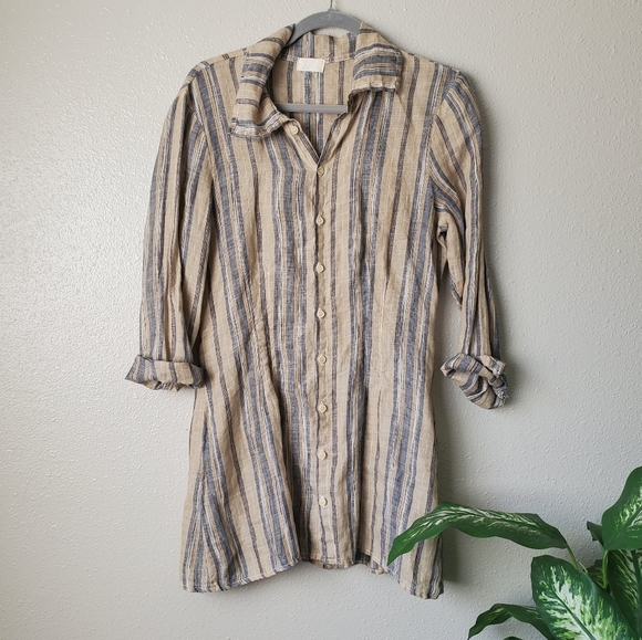 CP Shades Shirt Linen Brown Striped Button Down Business Minimalist Tunic Top XS - Picture 1 of 9